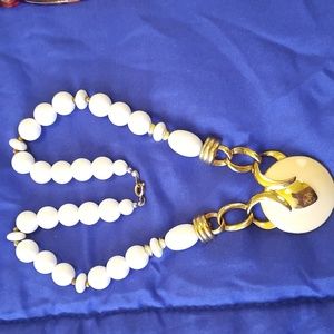 White And Gold Beaded Necklaces With Beige Pendant